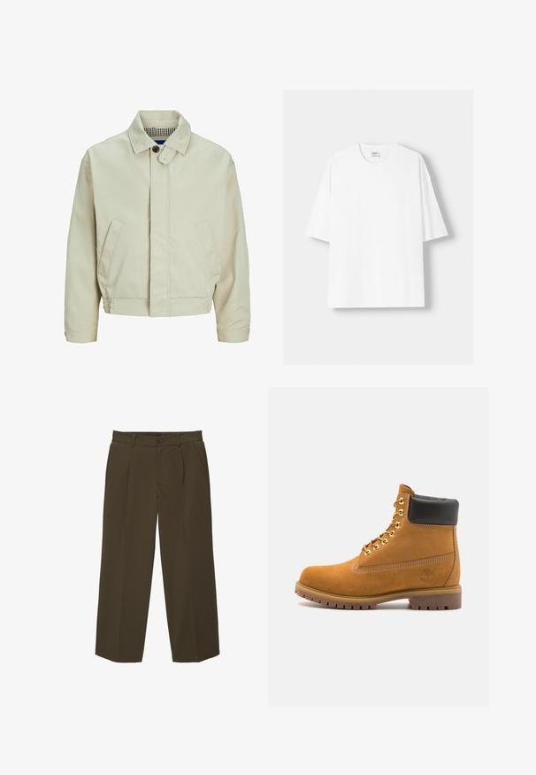 Bežna bombažna jakna s ovratnikom, sprednjim zapiranjem na gumb in stranskimi žepi. Ima teksturirano notranjost s karo vzorcem.; Bela kratka majica s kratkimi rokavi iz bombaža, s krožnim izrezom in sproščenim krojem. Gladka tekstura, brez vidnih vzorcev ali poudarkov.; Rjave, udobne hlače iz mehkega blaga z ravnim sprednjim delom, stranskimi žepi in gumbom za zapiranje ob pasu. Enostaven dizajn brez vzorcev.; Svetlo rjave anklne čizme iz semiša z črnim oblazinjenim ovratnikom, zlatimi kovinskimi očesci, belimi šivi in robustnim gumijastim podplatom s izrazitimi tredi.