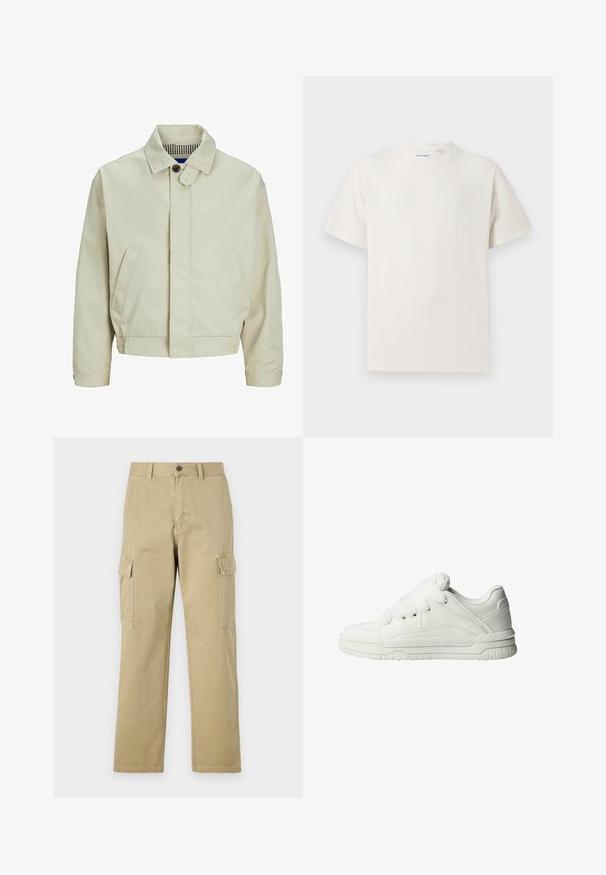 Beige Baumwolljacke mit Kragen, vorderem Knopfverschluss und Seitentaschen. Sie hat ein strukturiertes Innenfutter mit einem karierten Muster.; Weißes T-Shirt mit kurzen Ärmeln in gerippter Textur. Runder Ausschnitt, lockere Passform, keine sichtbaren Muster oder Akzente. Einfaches und vielseitiges Design.; Beige Cargo-Hosen aus Baumwolle, mit zwei Seitentaschen, einem Knopfverschluss und geraden Beinen aus einem leicht strukturierten Stoff.; Weiße Sneaker mit glattem Lederobermaterial, gepolstertem Zungenbereich, flachen Schnürsenkeln und strukturierten Akzenten an den Seiten und der Ferse.