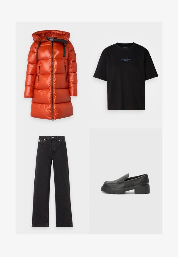 Cappotto puffer rosso con finitura lucida, cappuccio e listini neri. Presenta tasche laterali con zip e chiusura frontale con zip.; T-shirt nera in cotone con colletto rotondo, maniche corte e logo ricamato blu "Calvin Klein JEANS" sul davanti.; Jeans neri a gamba larga in denim, con vita alta, styling a cinque tasche e chiusura con bottone metallico e cuciture a contrasto.; Mocassini in pelle nera con punta arrotondata, suola spessa e testurizzata, e minime cuciture. Design elegante senza lacci o parti metalliche visibili.