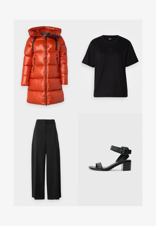 Manteau rembourré rouge avec une finition brillante, capuche et sangles noires en accent. Il dispose de poches latérales zippées et d'une fermeture éclair à l'avant.; T-shirt en coton noir avec un col rond, des manches courtes et un logo brodé sur la poitrine. Coupe simple et décontractée sans motifs.; Pantalons larges noirs avec une taille haute et une ceinture. Présentent une texture lisse et des lignes épurées, conçus pour un ajustement décontracté.; Sandale à talon en cuir noir avec sangle de cheville ajustable, design à bout ouvert et talon carré. Texture lisse, style minimaliste.