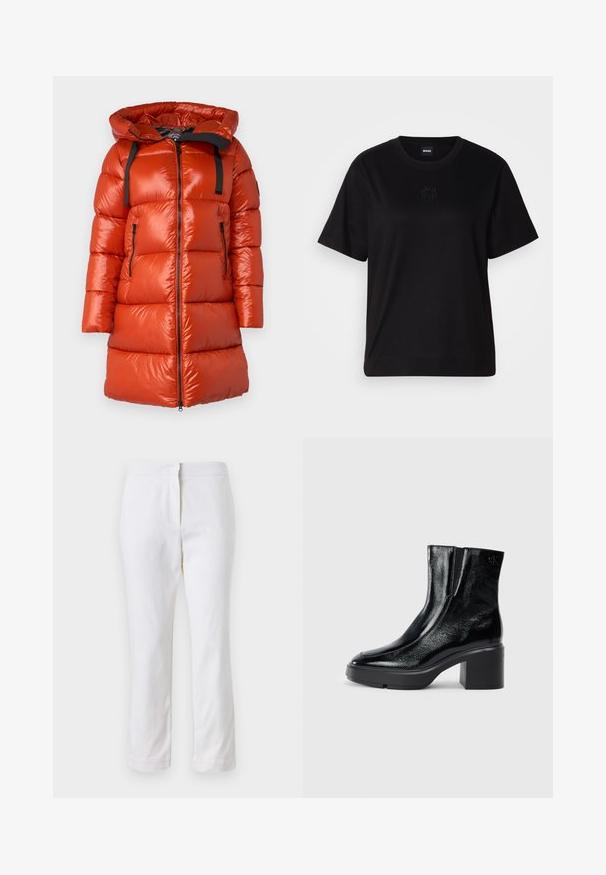 Rdeča puhovka z bleščečo površino, kapuco in črnimi akcentnimi trakovi. Ima stranske žepke z zadrgo in sprednjo zadrgo za zapiranje.; Črna bombažna majica s krožnim izrezom, kratkimi rokavi in izvezenim logotipom na prsih. Preprosta, sproščena silhueta brez vzorcev.; Beli bombažne hlače s ravnim krojem, srednje visoko pasom, brez vidnih kovinskih elementov ali vzorcev. Gladka textura po vsej površini.; Črne lakirane gležnjarje z ukrivljenim nosom, elastičnimi stranskimi paneli in debelim blokastim peto. Imajo vtisnjen logotip na zadnjem delu.