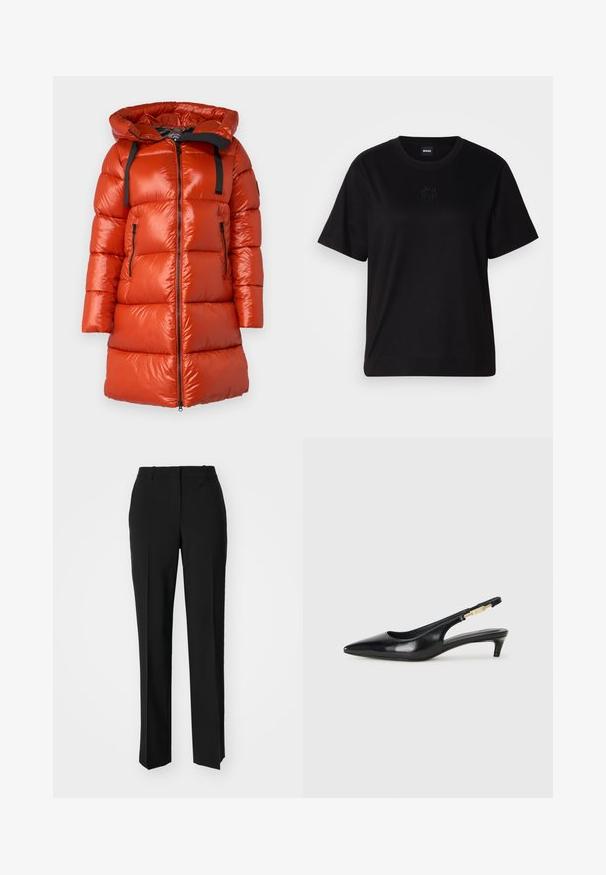 Red puffer coat with a glossy finish, hood, and black accent straps. Features side zip pockets and a zip front closure.; Black cotton t-shirt with a crew neckline, short sleeves, and an embroidered logo on the chest. Simple, relaxed fit with no patterns.; Black tailored trousers with a straight-leg design, featuring a smooth texture and crisp creases along the front. No visible hardware.; Black leather slingback heels with a pointed toe, featuring a slim heel and a gold-tone accent on the adjustable strap. Smooth texture.