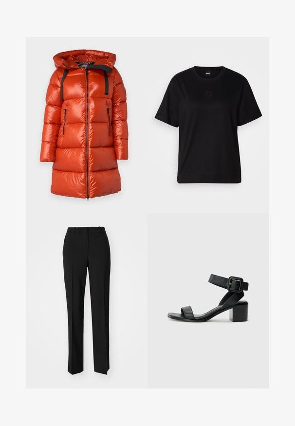 Czerwona kurtka pikowana o błyszczącej powierzchni, z kapturem i czarnymi akcentowanymi paskami. Posiada boczne kieszenie na zamek i zamek z przodu.; Czarny bawełniany t-shirt z okrągłym dekoltem, krótkimi rękawami i haftowanym logo na piersi. Prosty, luźny krój bez wzorów.; Czarne spodnie o dopasowanym kroju z prostymi nogawkami, o gładkiej fakturze i wyraźnych zagięciach z przodu. Bez widocznych elementów metalowych.; Czarne skórzane sandały na obcasie z regulowanym paskiem na kostkę, otwartym noskiem i kwadratowym obcasem. Gładka faktura, minimalistyczny styl.