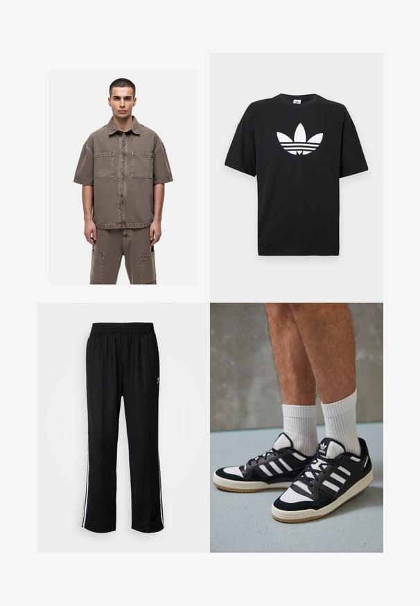 Korte mouwen, bruin spijkerhemd met twee borstzakken, een knoopsluiting aan de voorkant en een losse pasvorm met zichtbare stiksels.; Zwarte katoenen T-shirt met korte mouwen, voorzien van een groot wit Adidas-logo en drie horizontale strepen aan de onderkant. Klassiek ontwerp met ronde hals.; Zwarte sportbroeken met een elastische tailleband, voorzien van witte zijkanten en een klein logo. Het materiaal lijkt zacht en lichtgewicht te zijn.; Zwart-witte sneakers met een bovenwerk van suede en leer, voorzien van drie witte strepen, een geperforeerde neus en een rubberen gumzool.