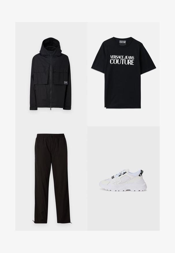Svart vattentät jacka med huva, zip fram, två stora bröstfickor och logotypplåt. Har en avslappnad passform och justerbara ärmslut.; Svart bomullströja med korta ärmar som har stor vit text "VERSACE JEANS COUTURE" på framsidan. Klassisk rundad halsringning.; Svarta lätta byxor med elastisk midja, snörning och dragkedja vid bensluten för justerbar passform. Slät och elegant yta.; Vita sportskor med meshtopp, tjock sula och svarta detaljer med tryckt varumärke. Texturerad och strukturerad design.