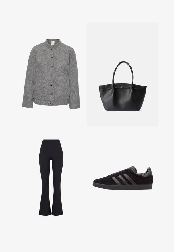 Jachetă gri matlasată, realizată dintr-un material texturat, cu guler în picioare, având un închizător frontal cu nasturi și două buzunare laterale.; Pulover tricotat de culoare crem, cu un model texturat în valuri. Are un guler rotund și mâneci lungi cu manșete cu nervuri.; Pantaloni negri, cu talie înaltă și evazare, confecționați dintr-un material elastic. Prezentare cu o textură netedă și o siluetă ajustată pe șolduri.; Tenisi negri din daim cu tălpi din cauciuc texturat, având trei dungi din piele neagră, vârf rotunjit și guler căptușit la gleznă.; Geantă de umăr neagră, confecționată din piele texturată, având două mânere, o formă rectangulară și un mic accent auriu pe față. Fără detalii suplimentare.
