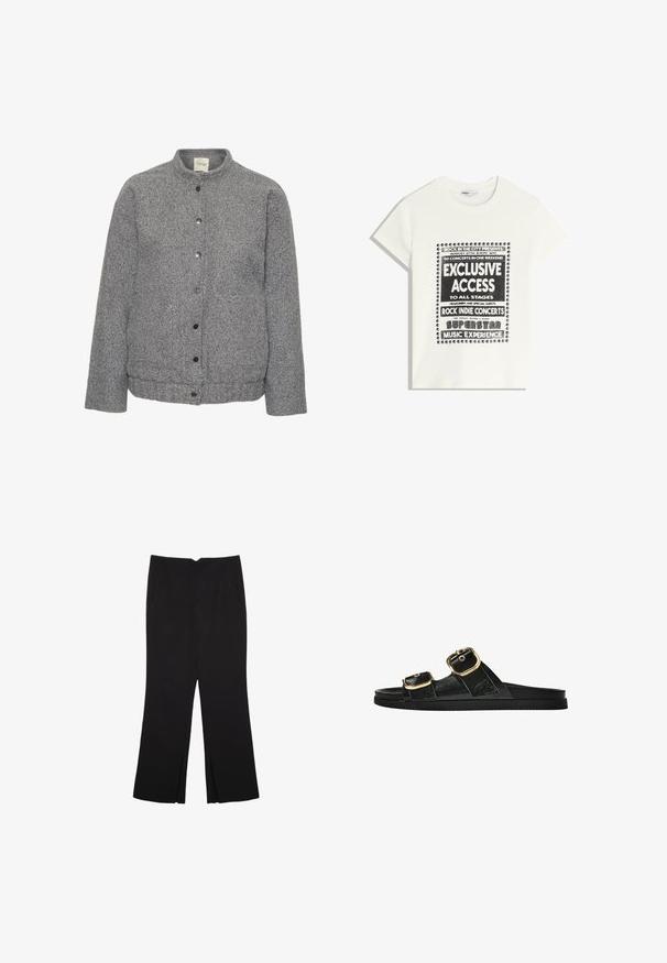 Siva jakna s poškrobenom teksturom i stajaćim ovratnikom, koja ima kopčanje na dugme sprijeda i dva bočna džepa.; Bijela majica s crnim natpisom koja promiče glazbeni događaj, s natpisima "Ekskluzivni Pristup", "Rock Indie Koncerti" i "Superstar Glazbeno Iskustvo."; Crne hlače ravnog kroja, s prednjim džepovima i bočnim prorezima na rubu. Izrađene od mekog i glatkog materijala. Pogodne za razne prigode.; Crne sandale na klizanje s dva zlatna akcenta u obliku kopči, glatkog teksturiranog materijala, ravnim potplatom i minimalističkim dizajnom.