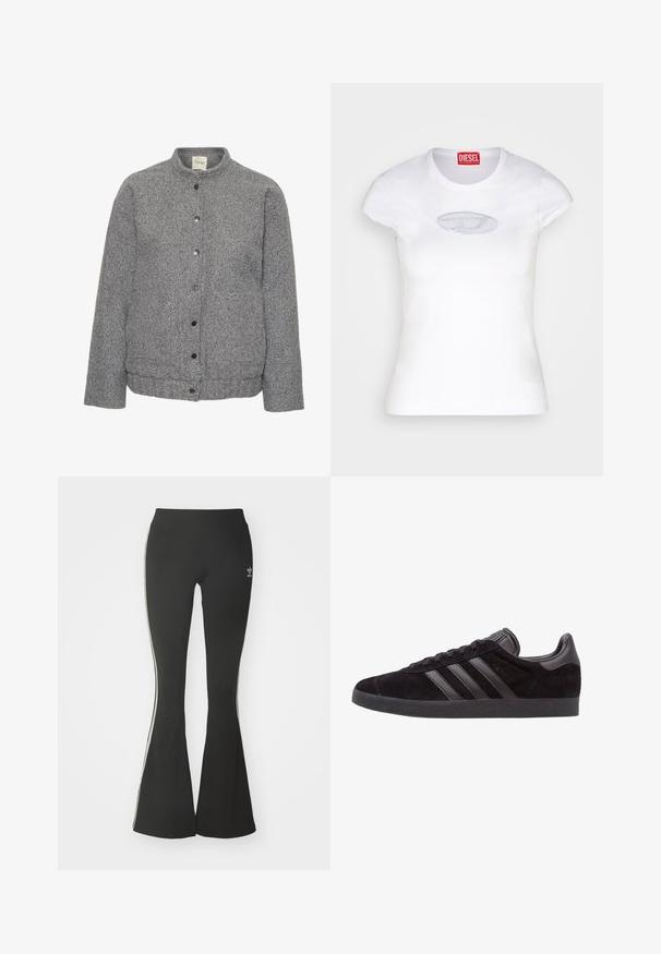 Šedá prešívaná bunda vyrobená z textúrovanej látky s stojacím golierom, s predným zapínaním na gombíky a dvoma bočnými vreckami.; Biele priliehavé tričko z bavlny s okrúhlym výstrihom a krátkymi rukávmi, s svetlomodrým vyšívaným logom na prednej strane.; Čierne rozšírené legíny z elastickej tkaniny, s vysokým pásom a bielymi bočnými pruhmi. Obsahujú malé logo na páse.; Čierne semišové tenisky s textúrovanými gumovými podrážkami, s tromi čiernymi koženými pruhmi, zaoblenou špičkou a polstrovaným golierom na členku.