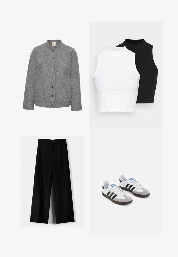 Šedá prošívaná bunda vyrobená z texturované látky s stojáčkovým límcem, obsahující zapínání na knoflíky vpředu a dvě postranní kapsy.; Dvě bezrukávové halenky s ribovým stojáčkem v černé a bílé barvě, které mají přiléhavý střih a hladkou texturu, s krácenou délkou.; Černé široké kalhoty z lehkého materiálu s předním zapínáním na knoflík a hladkým předním dílem, s pečlivě přišitými lemy.; Sportovní boty s bílým koženým svrškem, šedou semišovou špičkou a třemi černými pruhy. Obsahují modré logo na jazyku a texturovanou gumovou podrážku.