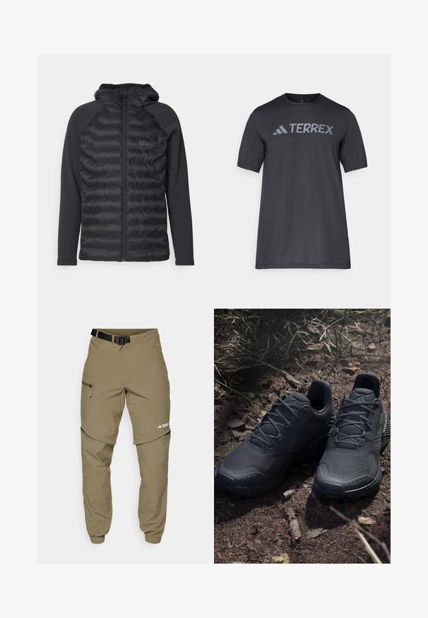 Svart pufferjakke med hette, med horisontale quiltede paneler, lange ermer og glidelås foran. Kjempebehagelig, elastisk stoff på ermene.; Svart t-skjorte med kort erm laget av lett stoff, med en lys grå "TERREX" logo på tvers av brystet og rund hals.; Beige utendørsbukser med belte, glidelåslommer på siden og elastiske mansjetter. Har et glidelåsfrakoblingsdesign for allsidighet og en glatt tekstur.; Svarte atletiske sko med en strukturert strikket overdel, forsterket tå og polstret såle, utstilt på jordaktig grunn med spredte kvister.