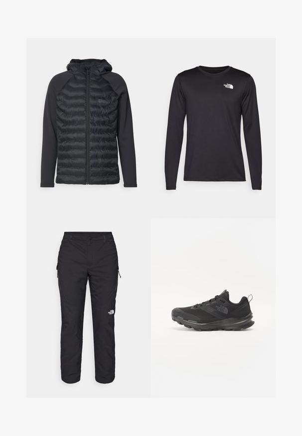 Črni puhovka z kapuco, ki ima horizontalno prešite panele, dolge rokave in sprednje zapiranje na zadrgo. Mehka, elastična tkanina na rokavih.; Črna majica z dolgimi rokavi za športne dejavnosti iz lahkega materiala, ki na zgornji levi strani prsnega dela vsebuje bel logotip. Gladka tekstura.; The North Face WINTER EXPLORATION TAPERED CARGO - Hlače za na prostem - black; Črne športne čevlje z mrežastim zgornjim delom, gumijastim podplatom in oblazinjenim ovratnikom. Imajo vezalke, logo na strani in strukturiran dizajn.