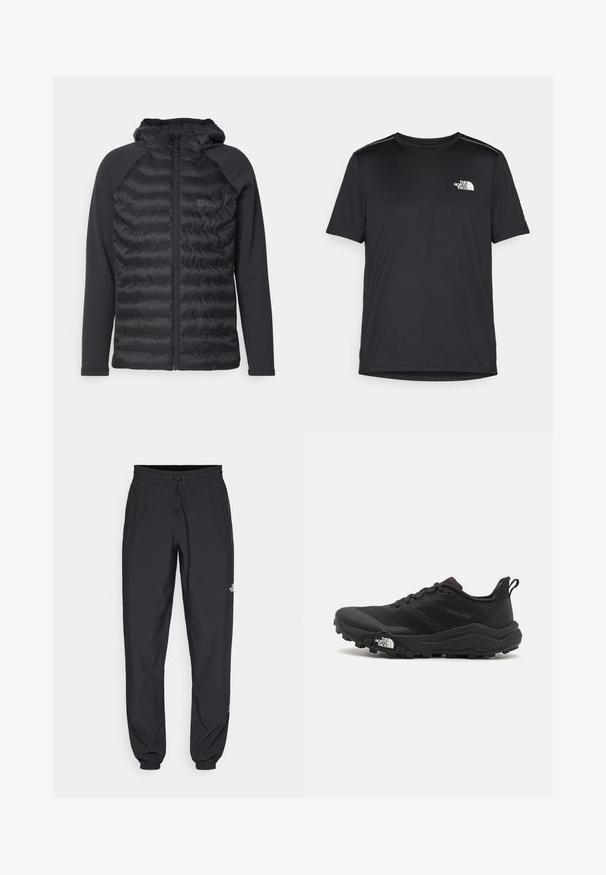 Chaqueta acolchada negra con capucha, que presenta paneles acolchados horizontales, mangas largas y cremallera en la parte delantera. Tejido suave y elástico en las mangas.; Camiseta negra de manga corta hecha de tejido ligero. Presenta un pequeño logo blanco en el lado izquierdo del pecho y sutiles acentos en los hombros.; Pantalones deportivos negros hechos de un tejido ligero, con una cinturilla ajustable, bolsillos laterales y puños ajustados en los tobillos.; Zapatilla de trail running negra con upper texturizado, suela de goma y puntera reforzada. Presenta un collar acolchado y una lengüeta para poner y quitar fácilmente.