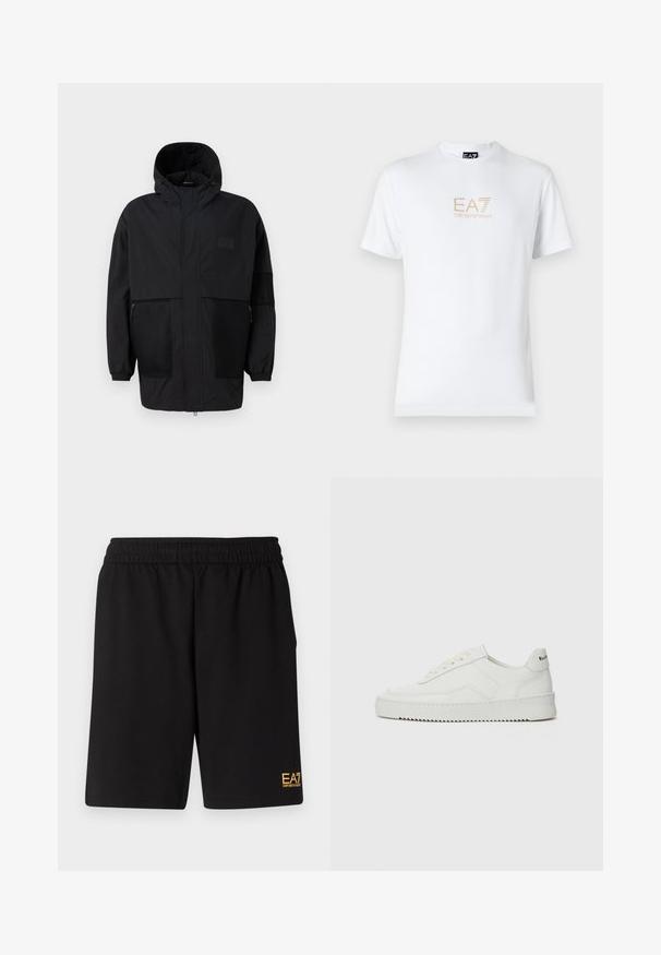 Melnā kapučjaka, kas izgatavota no viegla auduma, ar acs paneļiem, priekšējo rāvējslēdzēju un elastīgām aprocēm, kas nodrošina regulējamu piegulšanu.; Balta kokvilnas t-kreklā ar apaļu kakla izgriezumu un īsām piedurknēm, ar zeltītu EA7 Emporio Armani logotipu uz priekša.; Melnas sporta šortus, kas izgatavoti no mīksta auduma, ar elastīgu jostu un mazu dzeltenu EA7 logo zem kreisā kājas stūra.; Baltas ādas sneakers ar gludu virsmu, apaļu pirkstu daļu, plakaniem šņorēm un teksturētu zoli. Satur diskrētu logotipu uz papēža.
