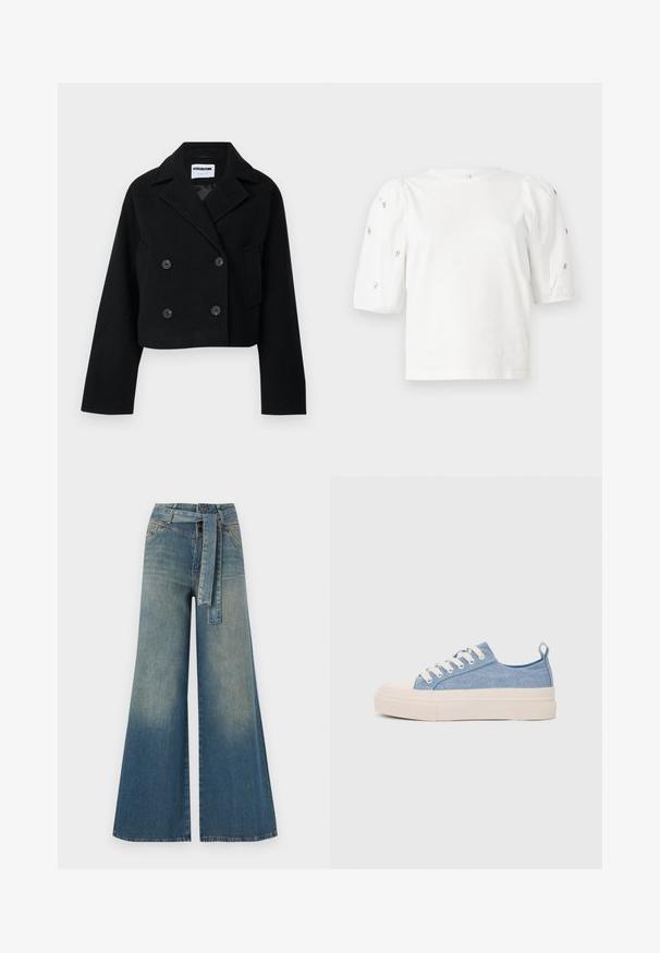 Fekete, rövidített, dupla soros dzseki, kivágott gallérral, széles ujjal, két elülső zsebbel és hat, azonos színű gombbal. Sima textúrájú.; Fehér pamut póló rövid puffos ujjakkal, a ujjain kicsi ezüst díszítések találhatók. Klasszikus kerek nyakú, laza fazonú.; Bőszárú farmernadrág, világos és sötétkék árnyalatokkal, magas derekú, övgyűrűkkel és a nadrággal megegyező anyagú övvel. Textúrált farmer kivitel.; Világoskék vászon sportcipők, krémszínű gumitippel és talppal, fehér fűzőkkel és egy húzófüllel a sarkán.