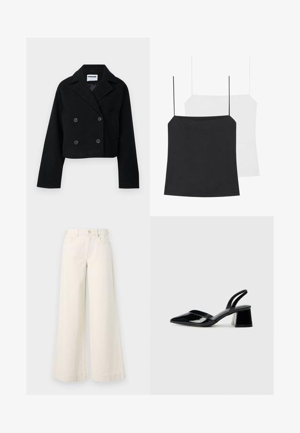 Black cropped double-breasted jacket with notched collar, wide sleeves, two front pockets, and six matching buttons. Smooth texture.; Two camisole tops are shown: one black and one white. Both have thin straps and a fitted design made from a smooth, stretchy fabric.; Wide-leg, light beige denim trousers with a high waist, two front pockets, button closure, and subtle stitching detail.; Black patent leather slingback heels with a pointed toe and a geometric block heel. Features a sleek, minimal design and smooth texture.