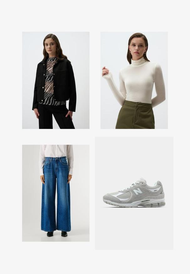 Giacca nera cropped con bottoni a pressione dorati, abbinata a un top a strati con motivo zebra in tonalità di nero e grigio. Texture liscia.; Maglietta a maniche lunghe color crema con colletto a dolcevita realizzata in tessuto leggero; design aderente con un leggero lucido e maniche lunghe; abbinata a pantaloni verde oliva.; Jeans a gamba larga blu con vita alta, realizzati in denim, dotati di tasche anteriori e chiusura con bottone. Texture liscia con un lavaggio classico.; Sneaker New Balance 2002R grigio chiaro presenta una tomaia in suede e mesh, dettagli bianchi, suola ammortizzata e tecnologia di ammortizzazione visibile.