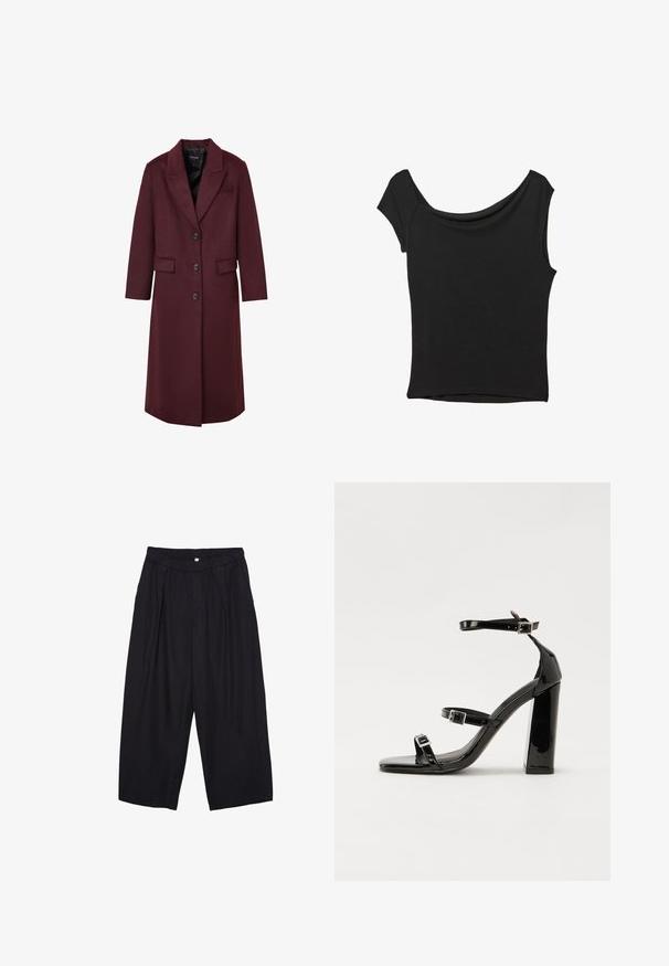 Calliope LONG À SIMPLE BOUTONNAGE - Cappotto classico - violet; Top nero a maniche corte realizzato in tessuto liscio; presenta un colletto drappeggiato e un orlo asimmetrico, con una vestibilità aderente.; Pantaloni culotte neri in poliestere con una cintura elastica, due pieghe frontali e una silhouette ampia. Nessun motivo visibile o dettagli in metallo.; Sandali con tacco in vernice nera, con punta squadrata, cinturini alla caviglia e fibbie in argento. Presentano un tacco a blocco spesso per maggiore stabilità.