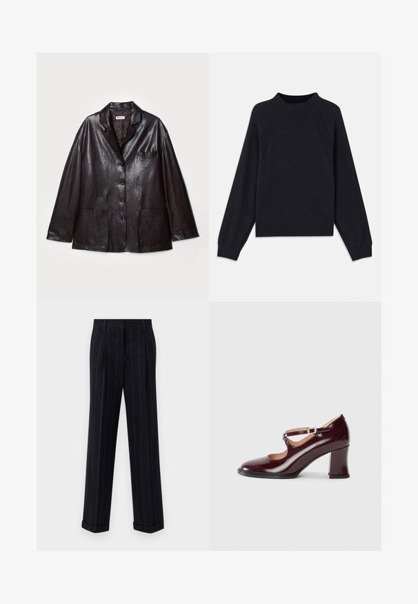 Brun läderblazer med slagkrage, fem knappar, en bröstficka och två framfickor med lappar. Slät textur och avslappnad passform.; Mörkblå tröja med rund halsringning, långa raglanärmar, ribbade mudd och rak nederkant. Tillverkad av ett mjukt, texturerat stickat material.; Svarta randiga byxor med skräddarsydd passform, med uppvikta fållar och frontveck. Tillverkade av ett mjukt tyg med en strukturerad design.; Burgundy lackläderklack med rund tå, med ett rem och spänne över framsidan, samt en stabil blockklack.