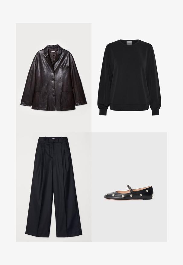 Pruun nahast bleiser, millel on lõigatud krae, viis nuppu, rinnatasku ja kaks esimest pealsetaskut. Sile tekstuur ja lõdgema sobivusega.; Mustmustöös pikkade varrukatega, ümar kaelus ja soonikkoesed varrukad. Omab siledat tekstuuri ja peent logodetaili esiküljel.; Mustad laiad püksid, mis on valmistatud sileda kangaga, kõrge vöökoha, voldikute ja vormitud disainiga. Vöökoha juures on lihtne must riistvara.; Must naar mustast valmistatud Mary Jane lamedad jalanõud, ümarate varvastega, hõbedaste ümmarguste nupukestega ja reguleeritava rihmaga, millel on klamber.