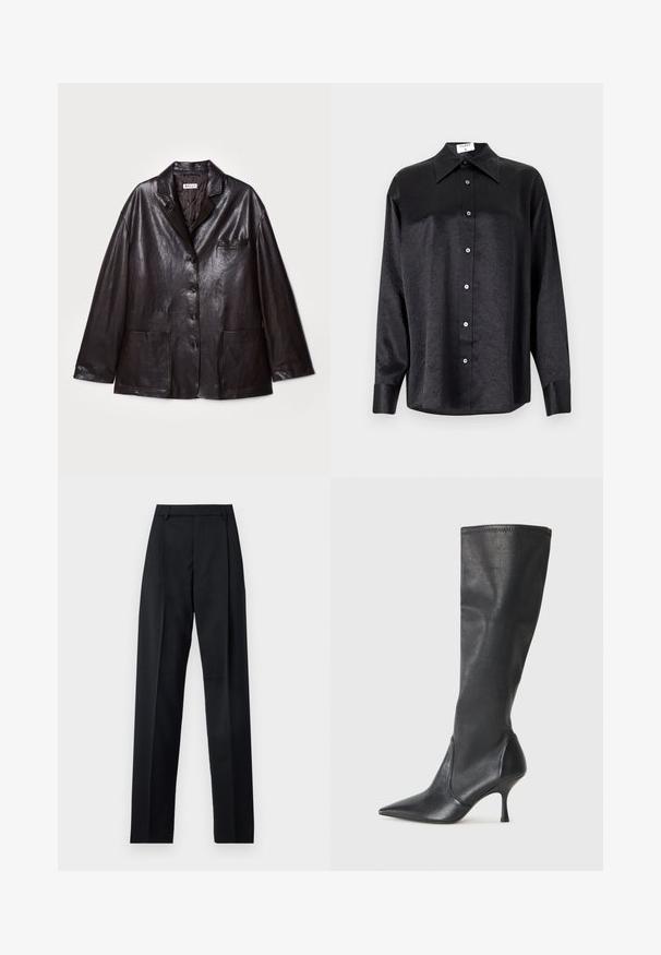 Brauner Lederblazer mit Reverskragen, fünf Knöpfen, einer Brusttasche und zwei aufgesetzten Taschen vorne. Glatte Textur und lockere Passform.; Schwarzes Langarmhemd mit kragenförmigem Halsausschnitt, mit einem zerknitterten Textur, voller Knopfleiste und Manschetten. Hergestellt aus einem glatten Stoff.; Schwarze Hosen aus glattem Stoff mit hoher Taille, weitem Bein, vorderen Falten und klassischen Gürtelschlaufen. Keine sichtbaren Seitentaschen.; Knöchelhoche schwarze Lederstiefel mit einer spitzen Zehe und einem schlanken Stiletto-Blockabsatz. Glatte Textur mit einer enganliegenden Passform und Nähten am oberen Rand.