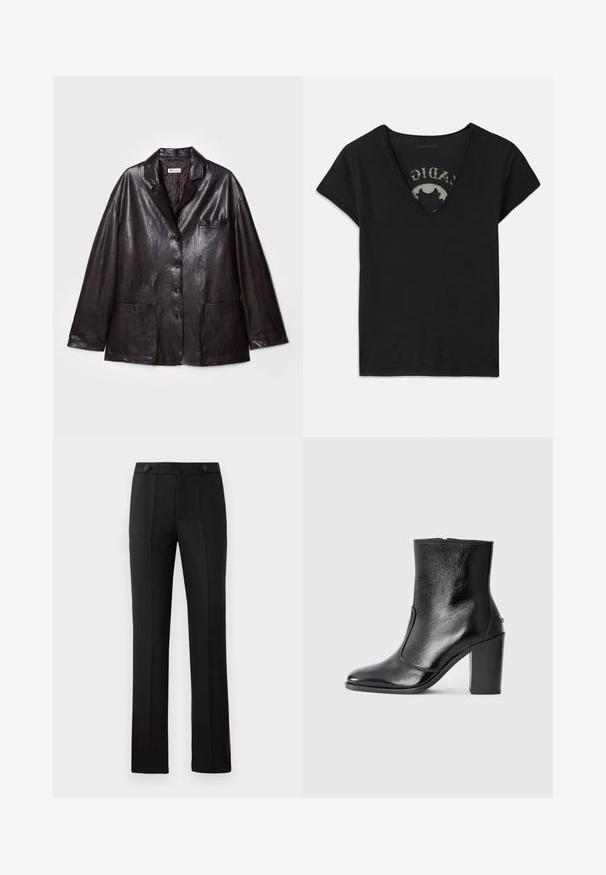 Ruda oda bluzonas su išpjauta apykakle, penkiomis sagomis, krūtine kišene ir dviem priekineis kišenėmis. Lygus paviršius ir laisvas sijonas.; Juodas trumpas rankovėmis marškinėliai su giliu V formos iškirpimu, turintys tinklinę detalę ir spausdintą dizainą ant vidinio sluoksnio. Minkšta, kvėpuojanti medžiaga.; Juodos pritaikytos kelnės su tiesiomis kojomis, dviem priekinėmis kišenėmis, mygtuko uždarymu ir raukšlėmis priekyje. Glotnaus audinio tekstūra.; Juodas odinis kulkšninis batas su lygiu paviršiumi, smailiu pirštu ir masyviu aukštu kulnu. Savybė - šoninis atidarymas ir minimalistiškas dizainas.