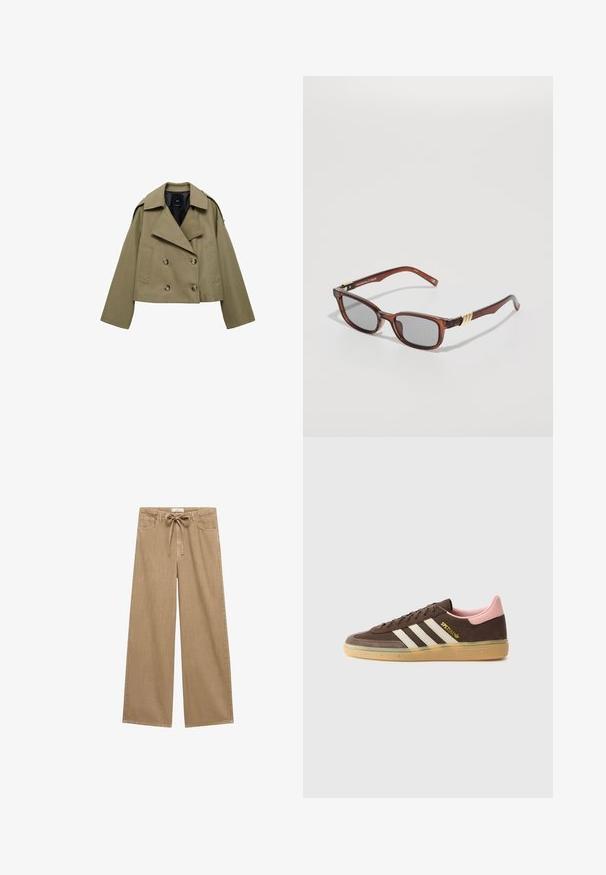 Skrajšan olivnozeleni dvoredni jakna iz platna, ki ima velike gumbe, široke reverje in sproščeno prileganje.; T-maica s kratkimi rokavi in krožnim ovratnikom v svetlem bež bombažu. Preprost dizajn z udobnim prileganjem in brez vidnih vzorcev ali dodatkov.; Bež široke hlače z vrvico v pasu, ki imajo dva sprednja žepa in mehak, teksturiran material.; adidas Originals HANDBALL SPEZIAL UNISEX - Športni copati - dark brown/alumina/wonder mauve; Rjavi pravokotni sončni očala z sivimi lečami. Imajo zlati detajl na tečaju. Narejena so iz plastike s sijajno površino.