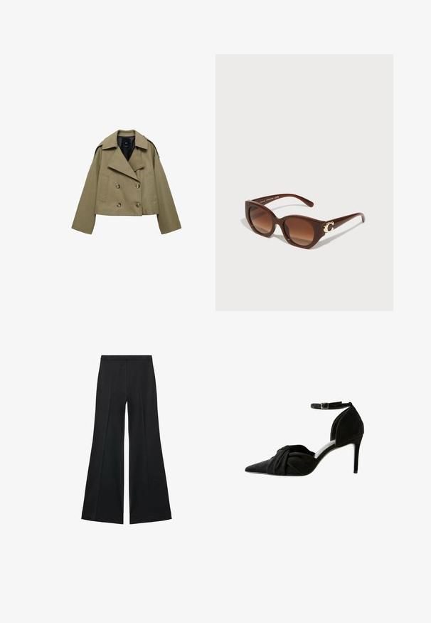 Przycięta, oliwkowozielona, podwójnie zapięta kurtka z płótna, z dużymi guzikami, szerokimi klapami i luźnym krojem.; Brązowa bawełniana koszulka, krótki rękaw, okrągły dekolt, luźny fason, gładka tkanina, minimalistyczny design, bez widocznych wzorów czy akcentów.; Czarne spodnie o szerokich nogawkach z gładką teksturą, z przodu ozdobione zakładkami i skrojonym fasonem. Materiał jest lekki i zwiewny.; Czarne zamszowe szpilki z ostrym noskiem, węzełkiem z przodu, paskiem na kostce i cienkim obcasem typu stiletto.; Brązowe plastikowe okulary przeciwsłoneczne w kształcie kociego oka, z gradientowymi brązowymi soczewkami oraz złotym logo na zausznicy. Gładka faktura.