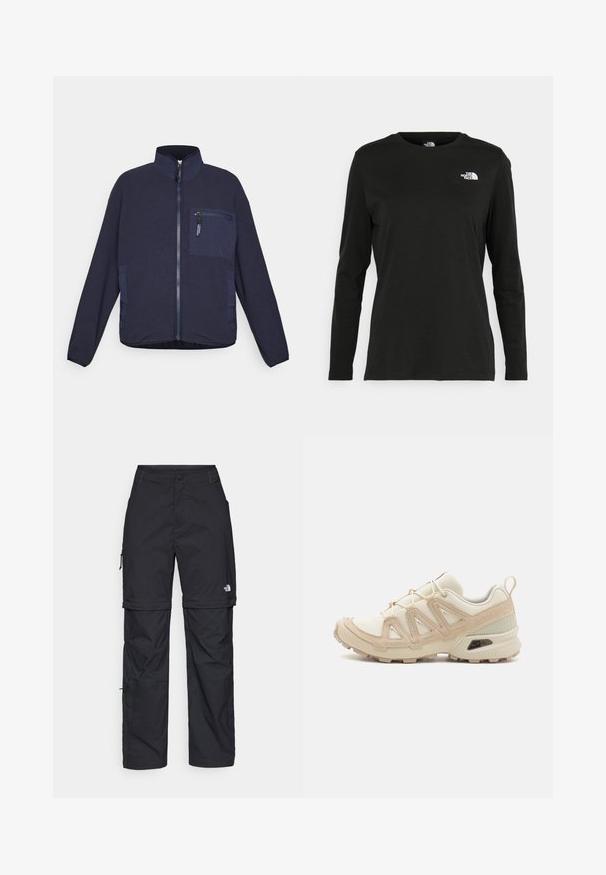 Tume sinine fliiskot, millel on täispikk lukuga eesmine lukustus, lukuga rinna tasku, kaks küljetaskut ja tõusnud krae.; Must mustahiheline T-särk, millel on pikad varrukad, valmistatud puuvillast ja ümarast kaelusest. Vasakul rinnal on väike valge logo. Lihtne disain ja sobivus.; Mustad nailonist valmistatud eemaldatavad cargo-püksid, reguleeritavate pahkluudega, mitmete taskutega ja paremal jalal logoga. Sile, kerge tekstuur.; Beež ja koobalti spordijalats tekstureeritud võrkkattega, toetavad ülemised kihid ja kummist tallaga, millel on mustriga joonistus haardeks.