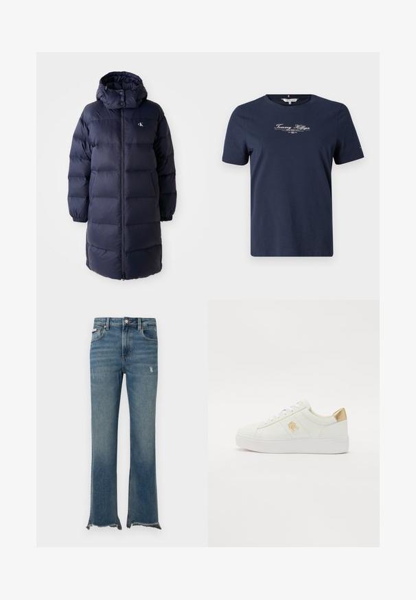 Marineblå jakke med høy krage, lange ermer og glidelås foran. Har polstrede seksjoner og et logo på brystet. Glatt tekstur.; Marineblå bomull T-skjorte med korte ermer, rund halsutskjæring, og hvitt logotekst på forsiden. Klassisk passform med en jevn tekstur.; Blå denimjeans med lett slitasje, rå frynsete kanter, frontlommer, beltestropper og knappelukking.; Hvite lærersneakers med en jevn tekstur, hvite lisser, gulldetalj på hælen og en subtil logo på siden. Flat gummisåle.