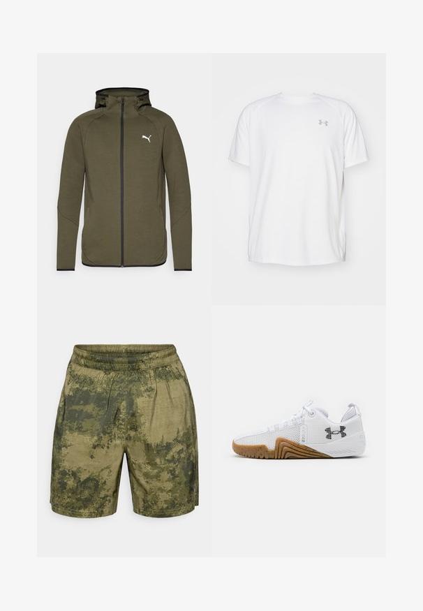 Olivově zelená mikina na zip s vysokým límcem, černými akcenty a bílým logem na levé části hrudníku. Má hladkou, strukturovanou látku.; Bílé sportovní tričko s krátkým rukávem vyrobené z hladké látky. Má kulatý výstřih a šedé logo na levé straně hrudi, s bočními rozparky na lemu.; Kraťasy s maskáčovým vzorem v odstínech zelené, vyrobené z lehkého materiálu s elastickým pasem a volným střihem.; Bílé sportovní boty svršek z prodyšné síťoviny, gumová podrážka v barvě gumy, texturované detaily a černé logo na boku.