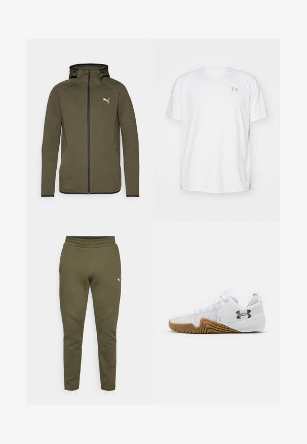 Olīvu zaļš ar rāvējslēdzēju blūze ar augstu apkakli, melniem akcentiem un balto logotipu kreisajā krūtī. Izgatavota no gludas, teksturētas auduma.; Baltas īsajiem piedurknēm sporta krekls, izgatavots no gludas auduma. Tam ir apaļa kakla izgriezums un pelēks logo uz kreisās krūtis, kā arī sānu šķēlumi apakšmalā.; Olīvzaļi sporta bikses ar sašaurinātu piegriezumu, elastīgu jostu un mazu baltu logo kreisajā pusē. Mīksta auduma, ar gludu tekstūru.; Balti sporta apavi ar sietu augšdaļu, gumijas zoli ar gumijas krāsu, teksturētām akcentiem un melnu logo sānos.