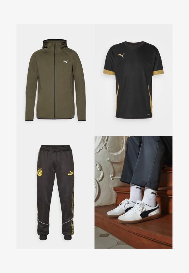 Oliven grønn zip-up hettegenser med høy krage, svarte detaljer og hvitt logo på venstre bryst. Har en glatt, teksturert stoff.; Svart treningst-skjorte med gulldetaljer på ermene og siden. Har rund hals, korte ermer og fukttransporterende DRYCELL-stoff.; Svarte treningsbukser med gule Borussia Dortmund BVB 09 og Puma King-logoer, elastisk liv, og mønstrede gule sidestriper.; Puma-sneakers i hvitt og svart semsket skinn, med en brun gummisåle. Kombinert med hvite sokker med en svart logo, båret med mørke bukser.