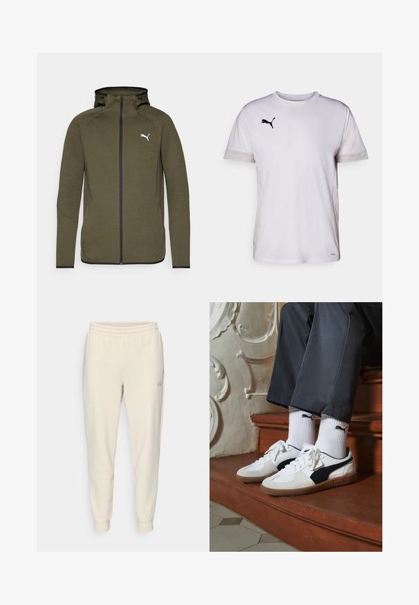Olivgrön zip-up hoodie med hög krage, svarta detaljer och en vit logotyp på vänster bröst. Har ett mjukt, texturerat tyg.; Vit kortärmad träningsskjorta med rund halsringning, som har andningsbart mesh-material på sidorna och en svart Puma-logotyp på bröstet.; Ljust beige dragsvettbyxor med dragsnodd, featuring elastisk midja, muddade vristhällor, sidofickor och en liten logotyp på vänster lår.; Puma-sneakers i vit och svart mocka, med en brun gummisula. Kombinerade med vita strumpor som visar upp en svart logotyp, bärs tillsammans med mörka byxor.