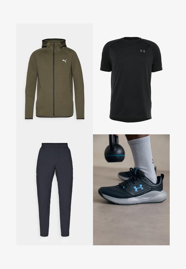 Oliven grønn zip-up hettegenser med høy krage, svarte detaljer og hvitt logo på venstre bryst. Har en glatt, teksturert stoff.; Svart treningst-skjorte med korte ermer laget av glatt, lett stoff. Har rund halslinning og diskret logo på brystet.; Sorte treningbukser med glatt tekstur, smal passform, elastisk midjebånd og sidelommer. Har en liten logo på venstre lår.; Svarte idrettsko med blå detaljer, teksturert overdel og grå såle. Brukt med grå ribbestrikkede sokker, ved siden av en svart kettlebell.