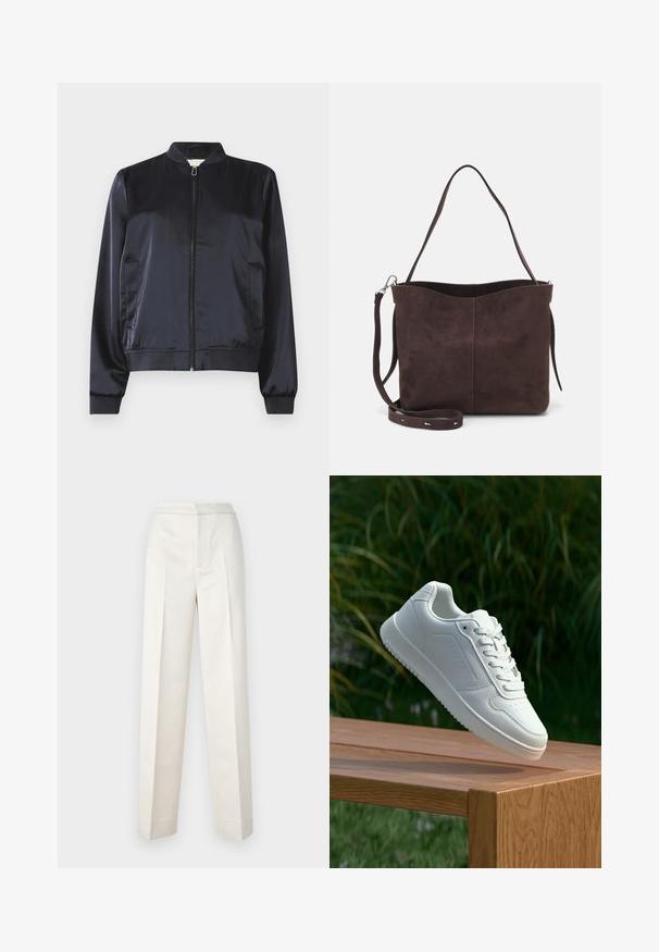 Námornícky saténový bomber s veľmi zipovým zapínaním, rebrovými manžetami a spodným okrajom, a dvoma bočnými vreckami. Hladká textúra a štruktúrovaný dizajn.; Dve bavlnené crop tops v bielej a čiernej farbe. Každý má hlboký výstrih a tenké ramienka, s hladkou, jemnou textúrou.; Krémoé nohavice s prispôsobeným strihom, rovné nohavice, hladká tkanina, predné záhyby a čistý lem. Minimalistický dizajn.; Biele tenisky s hladkým syntetickým zvrškom, perforovanou špičkou, plochými šnúrkami a textúrovanou podrážkou, vystavené na drevenej ploche.; Hnedá semišová taška s mäkkou textúrou, vybavená jedným ramenným popruhom a jemne zakriveným horným otvorom. Bez viditeľných hardvérových detailov.