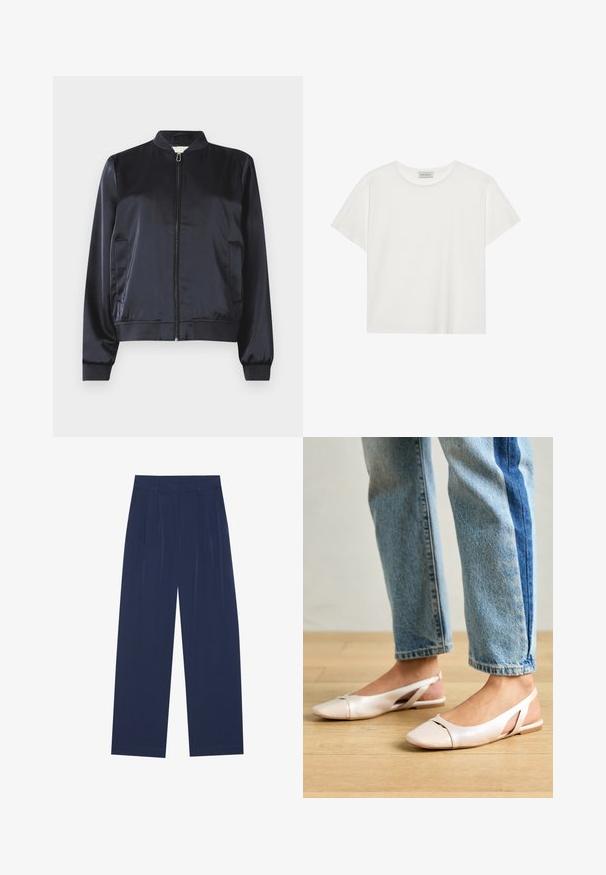 Tumesinine satiinist bomber jakk, millel on lukuga sulgemine, soonikkoes varrukad ja hem ning kaks küljetaskut. Sujuv tekstuur ja struktureeritud disain.; Valge lühikeste varrukatega t-särk, mis on valmistatud pehmest puuvillast. Omab ümmargust kaelust ja mugavat lõiget. Puhtad jooned, ilma nähtavate mustrite või aktsentideta.; Tumedat sinised laiad püksid pehmest kangast, millel on esipleekid, sile pind ja sirge lõige, ilma nähtavate taskuteta.; Kahvatu roosa slingback lapikute jalatsite paar, millel on terav varvas, valmistatud siledast nahataolisest materjalist. Omab külgedel lõikekohti ja lapikut kontsa.