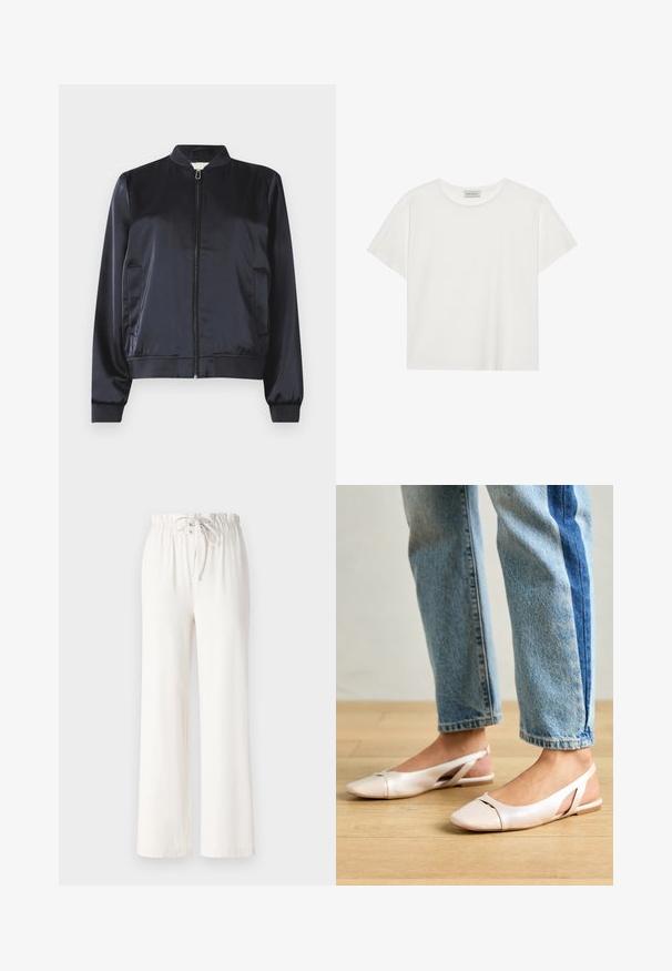 Navy satin bomber jacket with a zip closure, ribbed cuffs and hem, and two side pockets. Smooth texture and structured design.; White short-sleeve T-shirt made of soft cotton. Features a round neckline and relaxed fit. Clean design with no visible patterns or accents.; White wide-leg pants made of soft fabric, featuring a drawstring waist and smooth texture. No patterns or embellishments visible.; Pale pink slingback flats with a pointed toe, made from a smooth leather-like material. Features cut-out details at the sides and a flat heel.