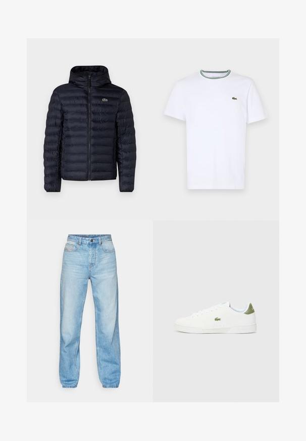 Marineblå polstret jakke med hette, med glidelås i front og elastiske mansjetter. Strukturert finish med horisontal søm og logo-detall.; Hvit bomulls T-skjorte med korte ermer og ribbet krage som har grønne og svarte striper; liten grønn brodert logo på venstre bryst.; Lys blå jeans laget av denim, med rett snitt, fem-lommers design, og en synlig knappestolpe med kontraststing.; Hvite joggesko med en glatt tekstur, med en grønn detalj på hælen og en liten brodert krokodillelogo på siden.