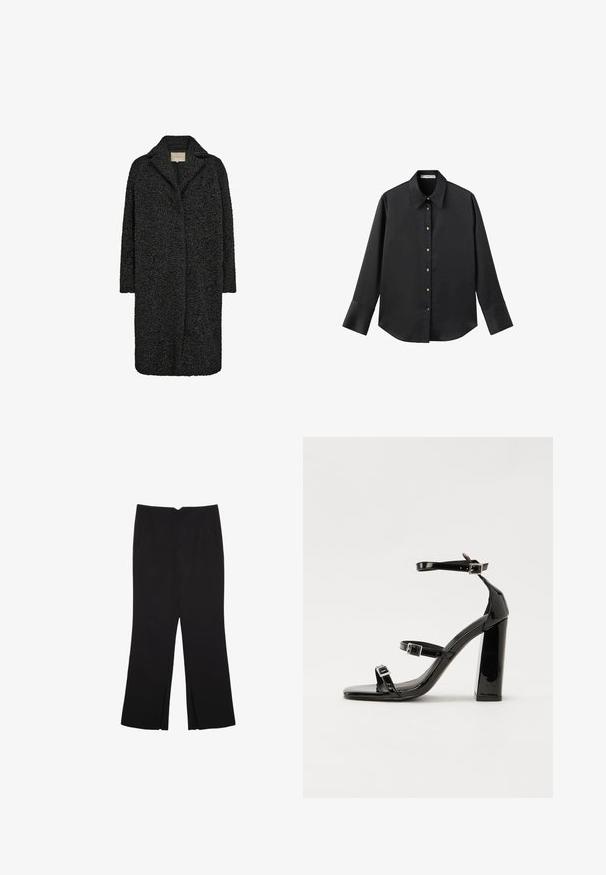 Crni teksturirani dugi kaput s izrezanim ovratnikom i otvorenim prednjim dijelom. Sadrži plišani materijal za dodatnu toplinu i opuštenu siluetu.; Crna košulja dugih rukava od glatkog materijala, s klasičnim ovratnikom, prednjim kopčanjem na dugmad u boji zlatne i širokim manžetnama.; Crne hlače ravnog kroja, s prednjim džepovima i bočnim prorezima na rubu. Izrađene od mekog i glatkog materijala. Pogodne za razne prigode.; Crne lakirane sandale na pete sa kvadratnim nosom, trakama oko gležnja i srebrnim kopčama. Imaju čvrst blok petu za stabilnost.
