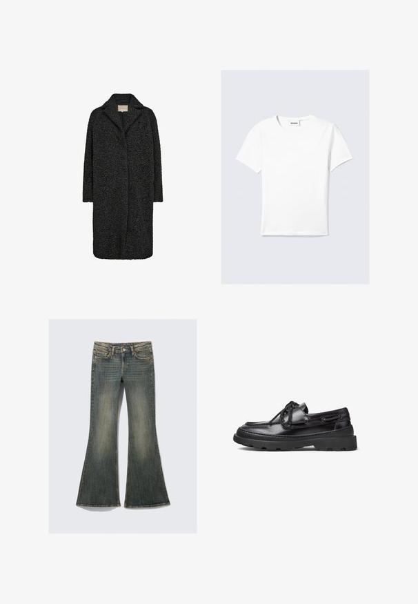 Fekete, textúrált, hosszú kabát, melynek füles gallérja és nyitott elülső része van. Kellemes tapintású anyaga melegséget biztosít, és laza sziluettje van.; Fehér, rövid ujjú pamut póló, kerek nyakkivágással és egyenes szegéllyel. Minimalista kialakítás, látható minták vagy díszítések nélkül.; Feszült farmernadrág halványkék színben, klasszikus öt zsebes dizájnnal, enyhe textúrával és látható varrás részletekkel.; Fekete bőrből készült csónakcipők, lekerekített orral, fűzős kialakítással, varrott díszítéssel és vastag gumitalppal, amely tapadós mintázattal rendelkezik.