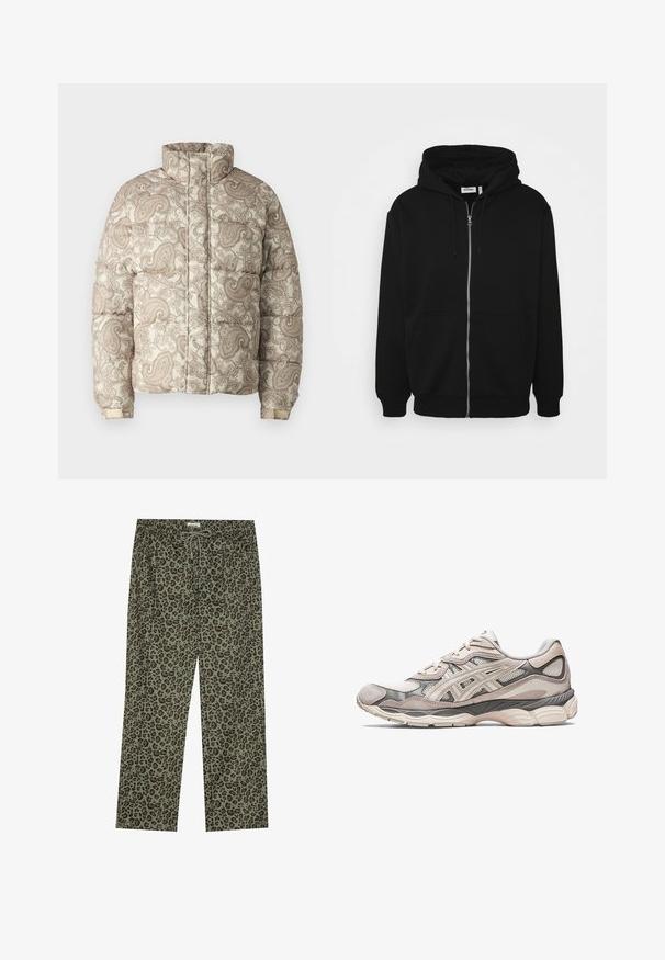 Soojad jakk kõrge kraega, millel on kreemja ja heleda pruuni paisleimustriga kate. Materjalid näivad olema tikkitud ning mugavuse tagamiseks on ribitud Mansetid.; Must päheline must sportjack, millel on nööriga kapuuts, esi-taskud, soonikkoes varrukad ja sile kangastekstuur. Keskne brändimärgis on nähtav seest.; Must mustriba t-särk ümmarguse kaelusega ja valge ringikujulise logoga rinnal; omab vormitud disaini.; Leopardimustrilised püksid oliivirohelises värvitoonis, pehmest kangast, elastse vöökoha ja nööriga sulgemisega, et tagada kohandatav sobivus.; Heled hallikas spordijalats, millel on võrgust ja seemisnahast верх. Omab pehmet talla, väljendunud kihtide ja struktuurset disaini.