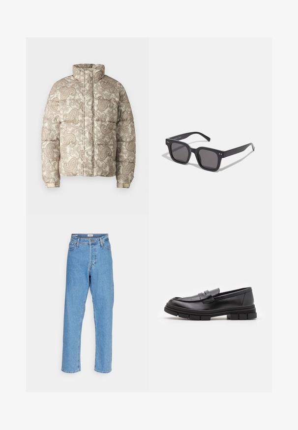 Jachetă căptușită cu un guler înalt, având un model paisley în nuanțe de crem și maro deschis. Materialele par a fi matlasate, cu manșete ribbrate pentru confort.; Pulover negru cu gât înalt, confecționat dintr-un material tricotat moale. Dispune de mâneci lungi, guler și tiv cu model în cremă. Design simplu, elegant, fără modele.; Jeans drepti, cu talie înaltă, de culoare bleu deschis, cu închidere frontală cu nasture și fermoar, bucle pentru curea și design cu cinci buzunare, pe fundal alb.; Loaferi din piele neagră cu un finisaj neted, având un detaliu cu bretea frontală și o talpă din cauciuc masivă cu accente striate.; Ochelari de soare negri, de formă rectangulară, cu lentile închise, având un cadru gros, accente subtile pe margini și fără logo-uri vizibile în afară de numele brandului.