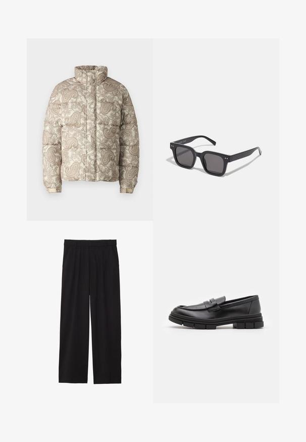 Pamušaluotas švarkas su aukštu apykakle, pristatantis kreminį ir šviesiai rudą paisley raštą. Medžiagos atrodo paklotos, su briaunotomis rankovėmis patogumui.; Juodas megztinis su aukštu kaklu, pagamintas iš minkštos mezgimo medžiagos. Turi ilgomis rankovėmis, raukšlėtą apykaklę ir apatinę dalį. Paprastas, elegantiškas dizainas be raštų.; Juodos platėjančios kelnės su pločiu priekiniu raukiniu, šoninėmis kišenėmis ir lygiu audiniu. Sukurtos patogiam prigludimui.; Juodi odiniai loaferiai su lygia apdaila, turintys priekinį dirželio akcentą ir storą guminį padą su grioveliais.; Juodos stačiakampės saulės akinių su tamsiais lęšiais, turinčiais storą rėmelį, subtilias detales šonuose ir be matomų logotipų, išskyrus prekės pavadinimą.