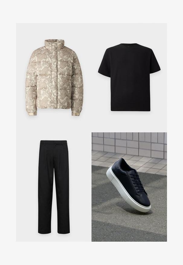 Gewatteerde jas met een hoge kraag, voorzien van een crème en lichtbruine paisleypatroon. Materialen lijken doorgestikt met ribgebreide manchetten voor comfort.; Zwarte T-shirt met korte mouwen van gemerceriseerd stof, met een ronde halslijn en een relaxte pasvorm. Eenvoudig, zonder patronen of accenten.; Zwarte broeken van gladde stof, met een recht model, twee voorknikken en een standaard tailleband met riemlussen.; Zwarte leren sneaker met een ronde neus en een witte rubberen zool. Voorzien van platte veters en minimale stiksels op het bovenwerk. Textuurrijke zool voor grip.