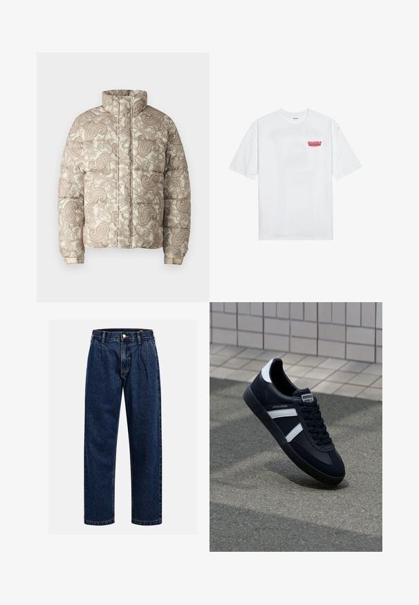 Gewatteerde jas met een hoge kraag, voorzien van een crème en lichtbruine paisleypatroon. Materialen lijken doorgestikt met ribgebreide manchetten voor comfort.; Witte katoenen t-shirt met korte mouwen, ronde hals en een rode grafische tekst "LEKKER VERFRISSEND FRUIT" aan de voorkant.; Donkerblauwe denim jeans met een rechtlopende pasvorm. Beschikt over zichtbare stiksels, een knoopsluiting en voorste plooien voor extra detail.; Zwarte leren sneaker met witte strepen, een gestructureerde rubberen zool en vetersluiting aan de voorkant. Voorzien van een merklabel op de tong.