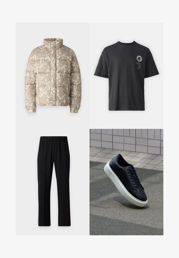 Piepūsts jaka ar augstu apkakli, kas rotāta ar krēmkrāsas un gaiši brūnu paisley rakstu. Materiāli šķiet quilted ar ribinātām aprocēm komfortam.; Melna kokvilnas t-krekls ar īsām piedurknēm, apaļu apkakli un priekšpusē attēlotiem saules un mēness grafikas, kopā ar tekstu "Le Soleil et La Lune."; Melni elastīgi bikses ar taisnas kājas dizainu, ar gludu tekstūru un bez redzamām zīmēm vai detaļām.; Melnas ādas kedas ar noapaļotu pirkstu un baltu gumijas zoli. Iespējas - plakanas šņorītes un minimāla apdare augšdaļā. Struktūrēta zole, lai nodrošinātu saķeri.