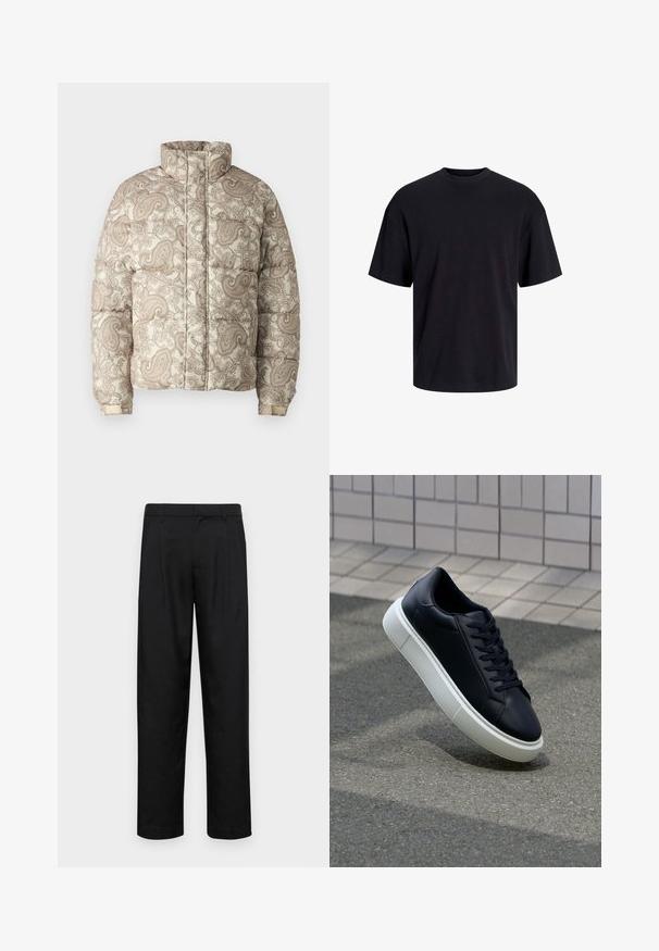 Podložena jakna z visokim ovratnikom, ki ima kremno in svetlo rjavim paisley vzorcem. Materiali izgledajo sploščeno s rebrastimi manšetami za udobje.; Črna bombažna majica s krojačkom izrezom, kratkimi rokavi in sproščenim krojem. Gladka tekstura in brez vidnih vzorcev ali poudarkov.; Črne hlače iz gladkega materiala, s krojem ravne noge, dvema sprednjima pregiboma in standardnim pasom z zankami za pas.; Črne usnjene superge z zaobljenim prstom in belim gumijastim podplat. Imajo ravne vezalke in minimalno šivanje na zgornjem delu. Teksturirani podplat za oprijem.