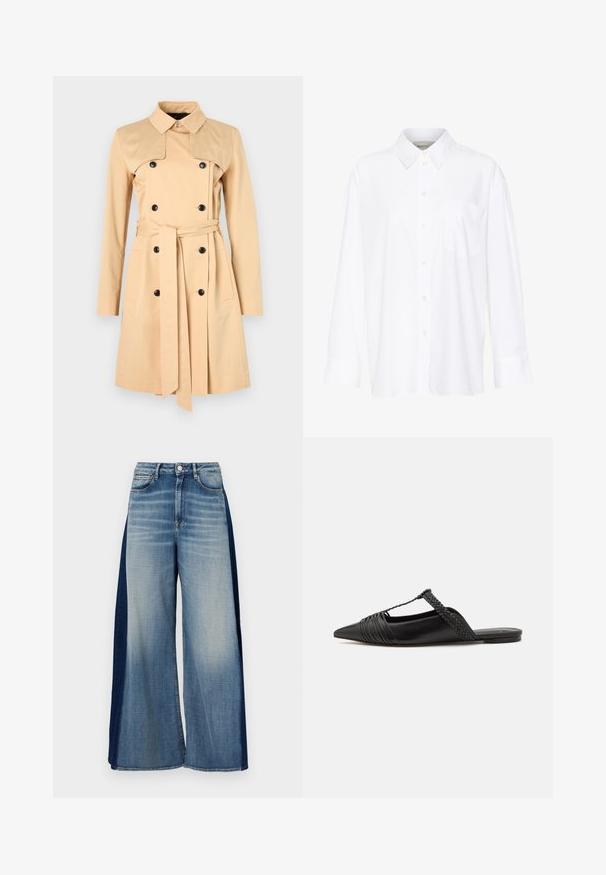 Trench coat beige con bottoni doppi, un ampio colletto e una cintura coordinata. Realizzato in un tessuto liscio con maniche lunghe e tasche.; Camicia bianca a maniche lunghe con colletto in cotone. Caratterizzata da una chiusura con bottoni e una tasca sul petto singola. Tessuto liscio, vestibilità comoda.; Jeans in denim a gamba larga con un design bicolore, fronte azzurro chiaro e pannelli laterali blu scuro, dotati di una vita classica e chiusura con bottone.; Scarpa slingback in pelle nera con punta appuntita, con un dettaglio intrecciato e un design superiore plissettato. Suola piatta con hardware minimale.