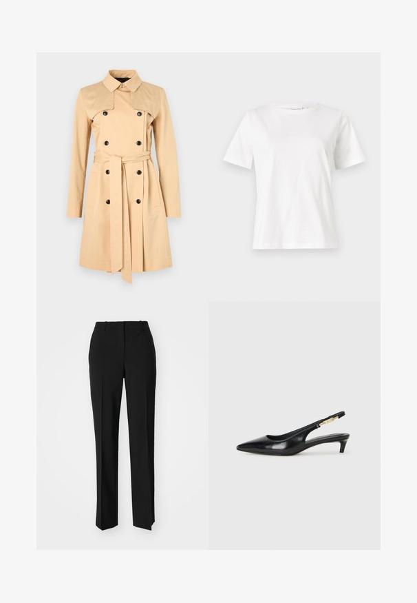 Béžový trenčkot s dvojitým zapínaním, širokým golierom a zladeným opaskom. Vyrobený z hladkého materiálu s dlhými rukávmi a vreckami.; Biela bavlnená tričko s krátkymi rukávmi, okrúhlym výstrihom a voľným strihom. Hladká textúra, bez vzorov alebo akcentov, minimalistický dizajn.; Čierne krajčírské nohavice so strihom rovného nohu, s hladkou textúrou a ostrými skladmi pozdĺž prednej časti. Žiadne viditeľné hardvér.; Čierne kožené slingback opätky s špicatou špičkou, s úzkym opätkom a zlatým detailom na nastaviteľnom remienku. Hladká textúra.