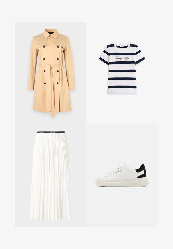 Beige trenchcoat med dobbeltknaplukning, bred krave og matchende bælte. Lavet af et glat stof med lange ærmer og lommer.; T-shirt i bomuld med vandrette marineblå striber på en hvid baggrund. "Tommy Hilfiger" broderet i kursiv på brystet. Rund hals.; Plisseret hvid nederdel med en sort elastisk talje, der har "LACOSTE"-logoet. Mellemlang design med blød tekstur.; Hvide lædersneakers med en tyk hvid sål, sort ruskindhælvægt og prægede logoer på siden. Snørebåndsdesign med seks øjer.